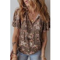 Everyday The Label Women's Khaki Retro Floral Print Tassel Tie Split Neck Short Sleeve Blouse | Size: Small