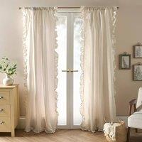 OHS Stripe Frill Voile Net Curtain Pair Window Panels Slot Top Set in Natural | Size: 140 cm width x 220 cm drop