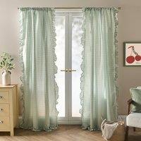 OHS Gingham Frill Voile Net Curtain Pair Window Panels Slot Top Set in Light Green | Size: 140 cm width x 220 cm drop