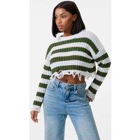 Pink Vanilla Women's Distressed Striped Crop Knit Jumper in White | Size: Medium/Large