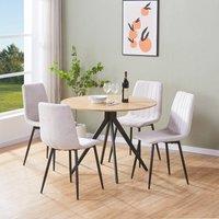 Core Products Aspen Light Oak Round Dining Table with 4 Straight Stitch Chairs Set in Off-White