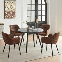 SONARA Black Marble Round Dining Table with 4 Faux Suede Dining Chairs Set in Brown