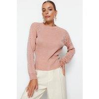 WOVCOR Women's Crew Neck Knit Sweater with Pearl Details in Pink | Size: Large