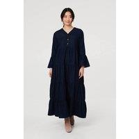 Izabel London Women's Tiered Long Sleeve Relaxed Maxi Dress in Blue | Size: 12