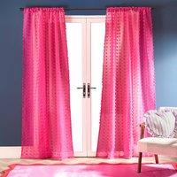 OHS Tufted Pompom Voile Net Curtain Pair Window Panels Slot Top Set in Bright Pink | Size: 140 cm width x 220 cm drop