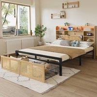 BTM Wooden Bed with Charging, LED & Rattan Storage Drawer in Natural | Size: Double