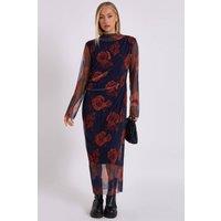 Gini London Women's Navy Print Mesh Midi Dress | Size: S/M
