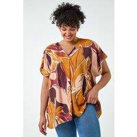 Roman Women's Curve Leaf Print Pleat Front Top in Natural | Size: 18