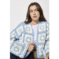 Apricot Women's Hand-Knit Crochet Squares Cardigan in Blue | Size: 14