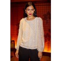 Yumi Women's Ivory Hanging Sequin Long Sleeve Top | Size: 14