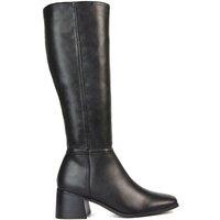XY London Women's 'Ruby' Square Toe Zip Up Knee High Calf Boots With Low Heel in Black | Size: 5