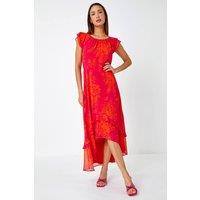 Roman Women's Floral Frill Chiffon Asymmetric Midi Dress in Fuchsia | Size: 10