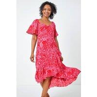 Roman Women's Petite Floral Print Ruched Midi Dress in Pink | Size: 10