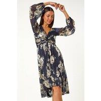 Roman Women's Foil Print Twist Front V-Neck Plisse Dresss in Black | Size: 10