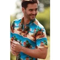 CLAUDIO LUGLI Men's Hawaiian Beach Print Tikki Shirt in Aqua | Size: XL