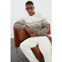 WOVCOR Men's Crew Neck Fairisle Knit Jumper in Taupe | Size: Medium