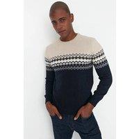WOVCOR Men's Crew Neck Fairisle Knit Jumper in Navy | Size: Medium