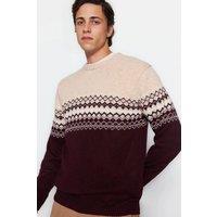 WOVCOR Men's Crew Neck Fairisle Knit Jumper in Burgundy | Size: Small