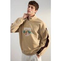 WOVCOR Men's Stand Collar City Embroidered Fleece Sweatshirt in Stone | Size: XL