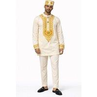 JTAPHRIQUE Men's Men's Embroidered Traditional Top & Trouser Set in Cream | Size: Large