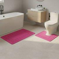 Snug City 2 Piece Box Design Bath Mat Set Soft Absorbent Non-Slip Bathroom Mats in Fuchsia | Size: 50 x 80 cm