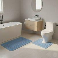Snug City 2 Piece Box Design Bath Mat Set Soft Absorbent Non-Slip Bathroom Mats in Mid Blue | Size: 50 x 80 cm