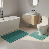 Snug City 2 Piece Box Design Bath Mat Set Soft Absorbent Non-Slip Bathroom Mats in Teal | Size: 50 x 80 cm