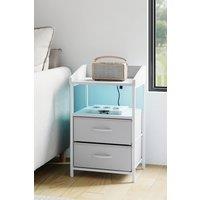 Living and Home Nightstand Bedside Table with Charging Station and LED Lights in White