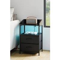 Living and Home Nightstand Bedside Table with Charging Station and LED Lights in Black