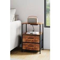Living and Home Nightstand Bedside Table with Charging Station and LED Lights in Brown
