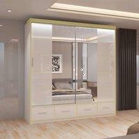MN Furniture High Gloss Sliding Mirror Wardrobe - LED Light 203cm x 220cm in White | Size: 203 cm x 220 cm