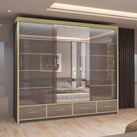 MN Furniture High Gloss Sliding Mirror Wardrobe - LED Light 253cm x 220cm in Grey | Size: 253 cm x 220 cm
