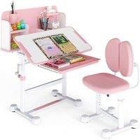 Gymax Tilting Study Desk & Chair Set For 3+ Years Old Height-Adjustable in Pink