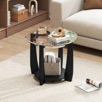 Costway Rolling Glass Round Coffee Table 2-Tier Cocktail Table w/Storage Shelf in Black