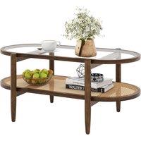Gymax 2-Tier Coffee Table PE Rattan Tempered Glass Tabletop Acacia Wood Leg in Brown