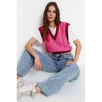 WOVCOR Women's Cropped Colour Block Cable Knit Sweater Vest in Pink | Size: Medium