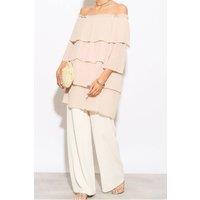 HOXTON GAL Women's Relaxed Fit Off-Shoulder Pleated Layer Detailed Blouse Top in Beige