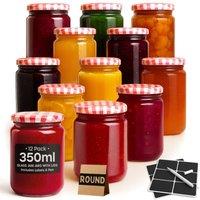 volila 12 Pack Round Jam Jars with with Labels & Pen - 350ml in Red