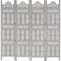 Berkfield Home Hand carved 4-Panel Room Divider Grey 160x165 cm Solid Mango Wood