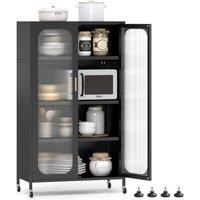 Gymax 5-Tier Tall Kitchen Pantry 2-Door Microwave Stand on Wheels Cabinet in Black