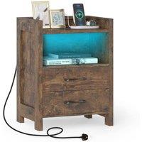 Gymax Nightstand With Power Outlets LED Bedside Table Modern Sofa Side Table in Brown
