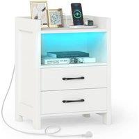 Gymax Nightstand With Power Outlets LED Bedside Table Modern Sofa Side Table in White