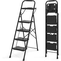 Gymax 4-Step Ladder Folding Metal Step Stool With Tool Tray & Foot Pads in Black