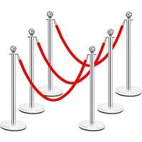 Gymax Stanchions with 150cm Red Velvet Rope Steel Queue Safety Barrier in Silver
