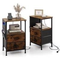 Gymax 2 PCS Nightstand Bedside Table With Charging Station Modern End Table in Brown