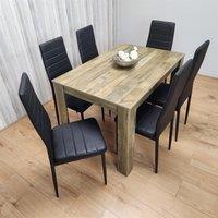 KOSY KOALA Rustic Effect Dining Table Set with 6 Black Faux Leather Chairs Dining Room Furniture Set in Brown