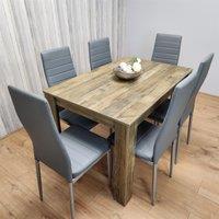 KOSY KOALA Rustic Effect Dining Table Set with 6 Grey Faux Leather Chairs Dining Room Furniture Set in Brown