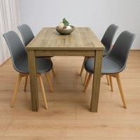 KOSY KOALA Rustic Effect Dining Table Set with 4 Grey Plastic Chairs Dining Room Furniture Set in Brown