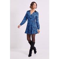 Dorothy Perkins Women's Blue Floral Lace Collar Detail Wrap Printed Mini Dress | Size: 8