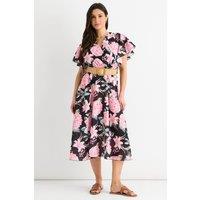 Gini London Women's Black Floral Print Angel Sleeves Belted Wrap Midi Dress | Size: Large/XL